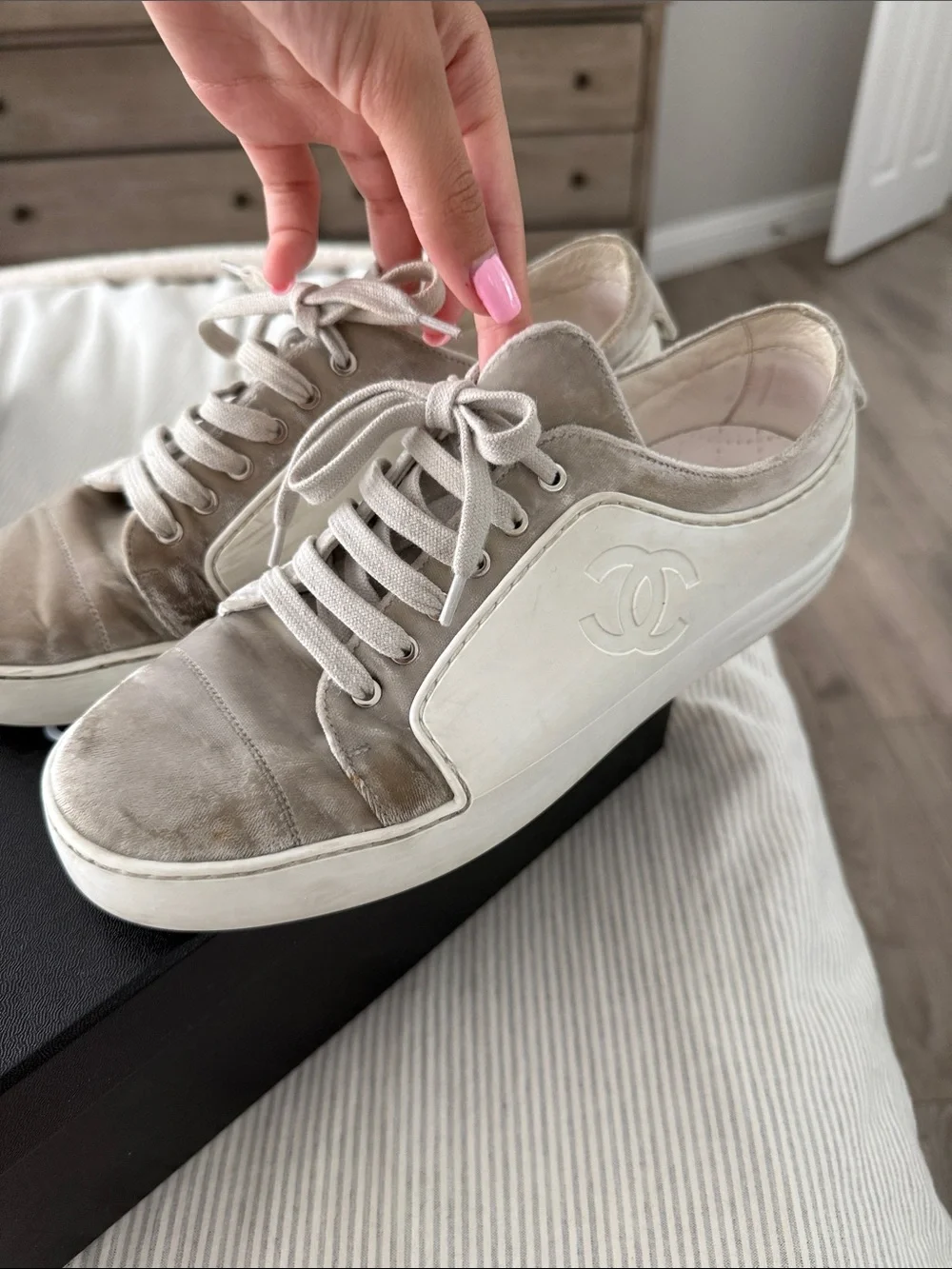CHANEL Neutral Beige Velvet Low-Top Sneakers